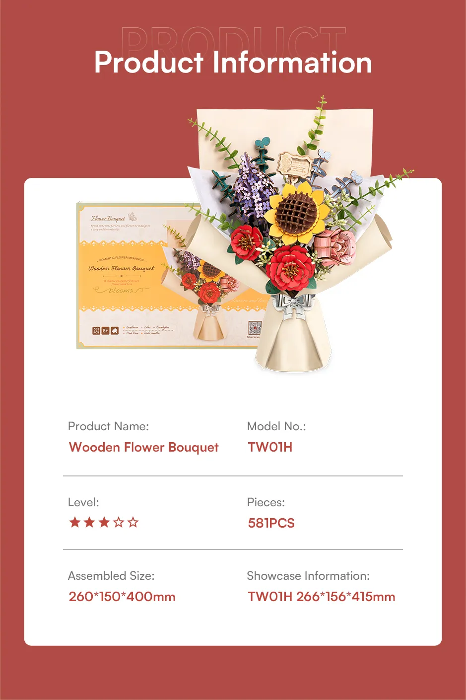 Buchet de Flori - Puzzle 3D din Lemn - 581 Piese - Rowood TW01H 09