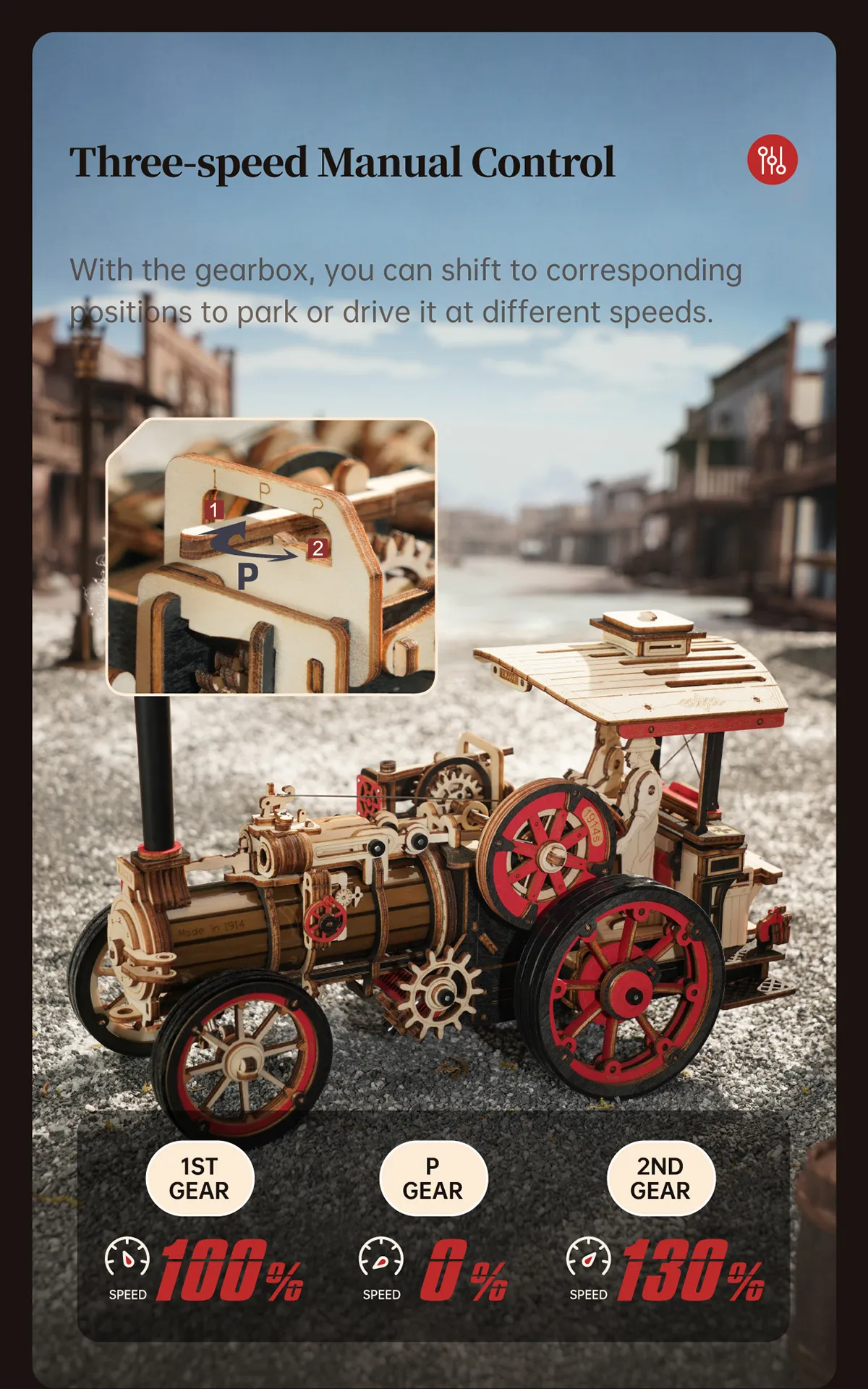 Masina Motor cu Aburi - Puzzle 3D Mecanic din Lemn - 469 Piese - ROKR LKA01 03