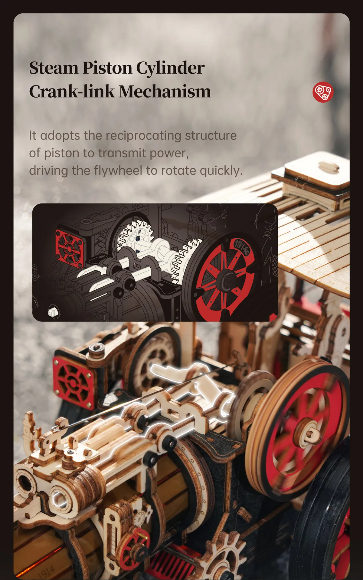 Masina Motor cu Aburi - Puzzle 3D Mecanic din Lemn - 469 Piese - ROKR LKA01 04