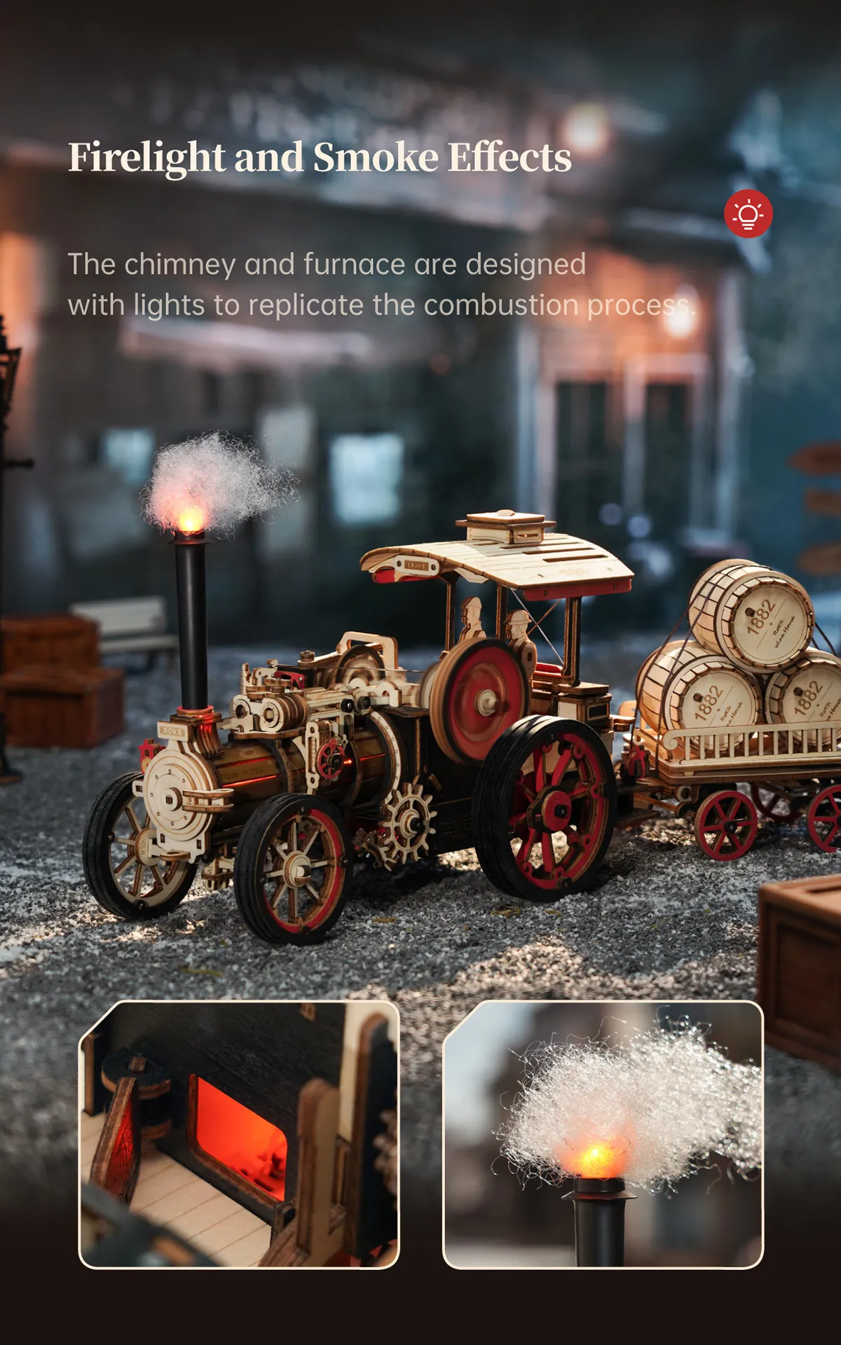 Masina Motor cu Aburi - Puzzle 3D Mecanic din Lemn - 469 Piese - ROKR LKA01 05