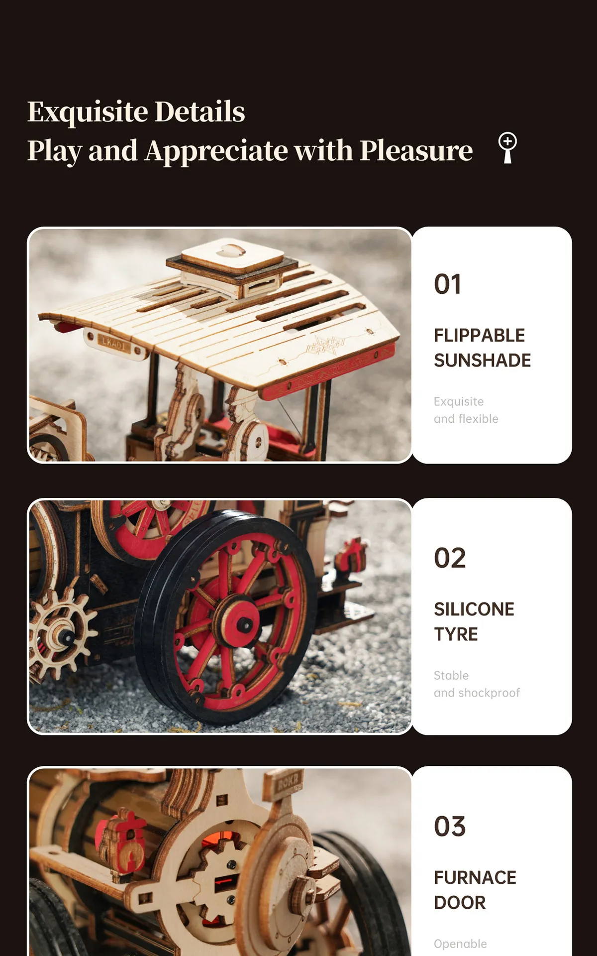 Masina Motor cu Aburi - Puzzle 3D Mecanic din Lemn - 469 Piese - ROKR LKA01 11